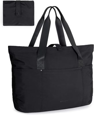 BAGSMART Tote Bag for Women, Foldable Tote Bag With Zipper Travel Large Shoulder Bag Handbag for Work-16.5''l X 6''wx 14''h