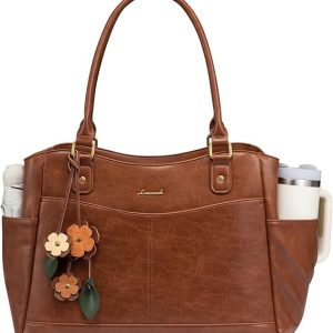 LOVEVOOK Laptop Bag for Women, Leather Vintage Work Tote Bag Computer Office Teacher Bag with Large Cup Holder