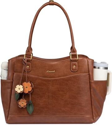 LOVEVOOK Laptop Bag for Women, Leather Vintage Work Tote Bag Computer Office Teacher Bag with Large Cup Holder